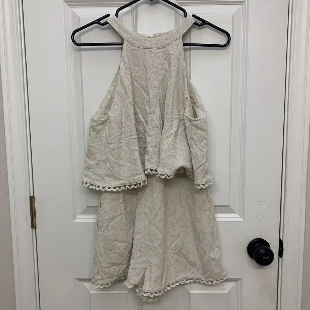 Sage The Label Women Sz S Sleeveless Romper Linen Layered Look High Neck Pockets - Picture 1 of 7